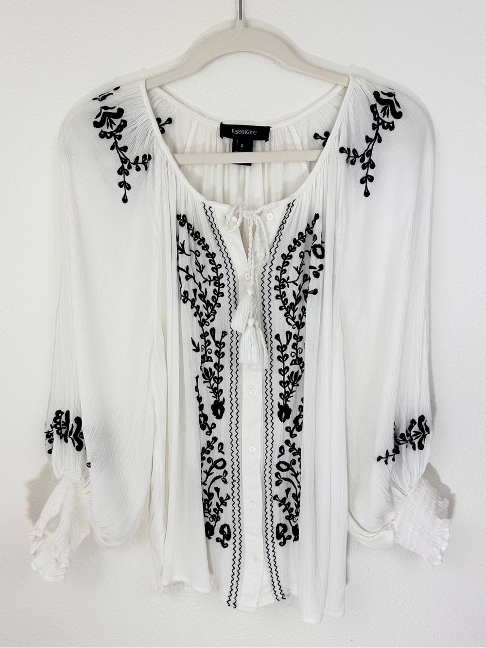 Karen Kane Embroidered Peasant Blouse Small Boho Gauzy Smocked Cuff Tassel Ties